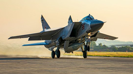 FILE - In this photo released by Russian Defense Ministry Press Service, a Russian MiG-31 fighter jet carrying a Kinzhal missile takes off from the Hemeimeem air base in Syria on June 25, 2021. The Russian military on Friday launched sweeping maneuvers in the Mediterranean Sea featuring warplanes capable of carrying hypersonic missiles, a show of force amid a surge in tensions following an incident with a British destroyer in the Black Sea. (Russian Defense Ministry Press Service via AP, File)