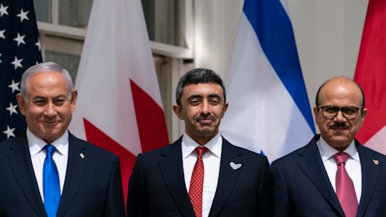 Israeli Prime Minister Benjamin Netanyahu, left, United Arab Emirates Foreign Minister Abdullah bin Zayed al-Nahyan, and Bahrain Foreign Minister Khalid bin Ahmed Al Khalifa.