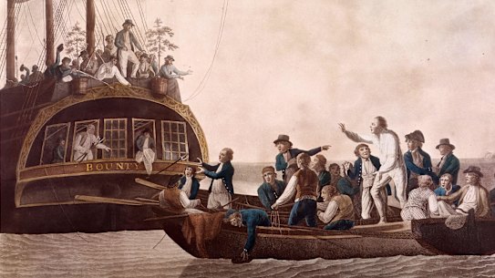 A 1790 painting of William Bligh be set adrift from the Bounty by Fletcher Christian and other mutineers.