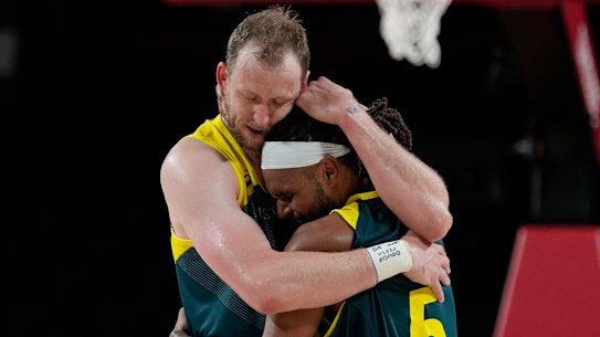 A singular focus on the goal ... Patty Mills with teammate Joe Ingles.
