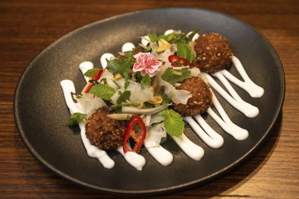 Crisp rice ball salad aka “red curry arancini”.