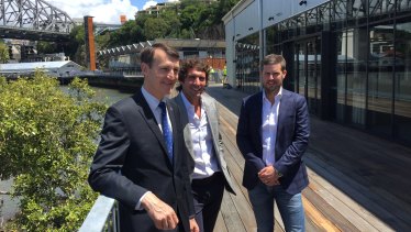 Lord Mayor Graham Quirk talks with Howard Smith Wharves chief executive Luke Fraser (right) and director Adam Flaskas( centre).