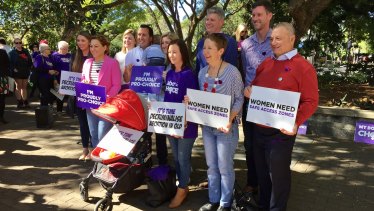 Labor MPs supporting abortion reform: Mark Bailey (second from right), Di Farmer (third from right), Stirling Hinchliffe (fourth from right), Yvette D'Ath (fifth from right), Shannon Fentiman (sixth from right) and Jackie Trad (second from left).