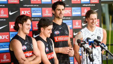 Collingwood ruckman Brodie Grundy welcomes South Australian draftees Harvey Harrison, Cooper Murley and  Arlo Draper to the club.