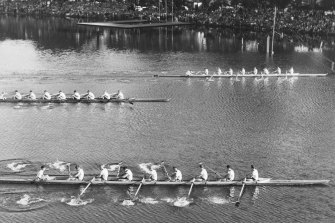 The finish of the Olympic Games eights final on Lake Wendouree in 1956. The US won from Canada and Australia. 