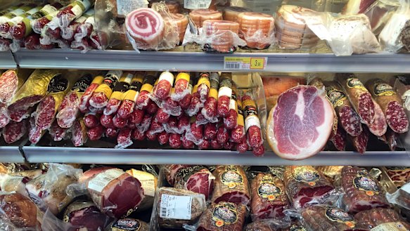 A cold meats display in Parma, Italy.