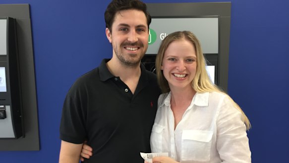 Elle Marx and Drew Sherwin from East Brisbane recycle their plastic and stubbies on Sunday  at West End.