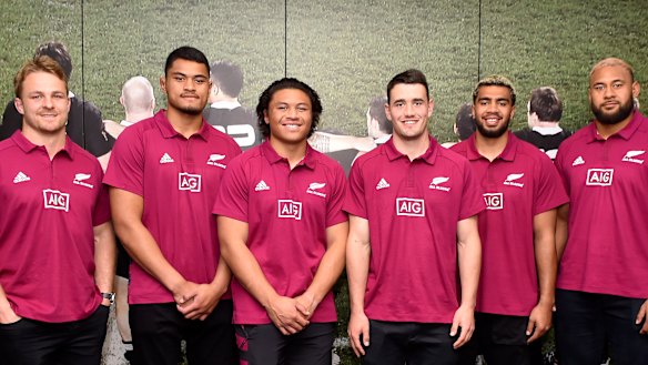 (L-R) Sam Cane, Tupou Vaa'i, Caleb Clarke, Will Jordan, Hoskins Sotutu and Patrick Tuipulotu during the All Blacks team naming at New Zealand Rugby Headquarters on September 06, 2020 in Wellington, New Zealand.