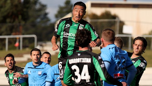 Japanese import Tomoki Imai of Western United leaps highest against the Sky Blues.