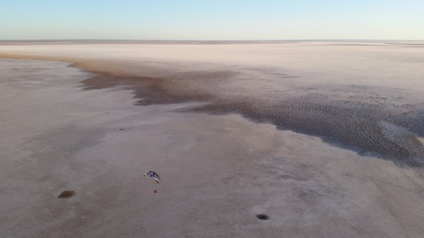 The view from above Lake Eyre, where Canberra man Dr Peter Evans and his fellow pilots began the first ever paramotor flight from Australia's lowest point to its highest peak.