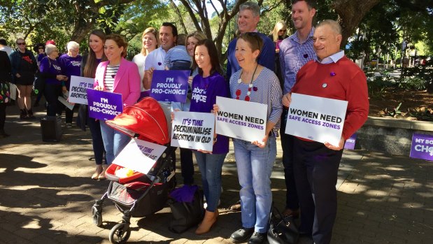 Labor MPs showing their support: Mark Bailey (second from right), Di Farmer (third from right), Stirling Hinchliffe (fourth from right), Yvette D'Ath (fifth from right), Shannon Fentiman (sixth from right) and Jackie Trad (second from left).