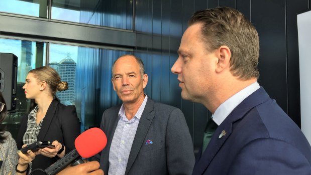 Netflix co-founder Marc Randolph and Brisbane lord mayor Adrian Schrinner speak to the media at the 2019 Asia Pacific Cities Summit.