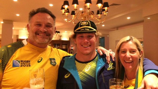 Michael Hooper with father David and mother Raeleen after his 50th Test at the 2015 Rugby World Cup. 