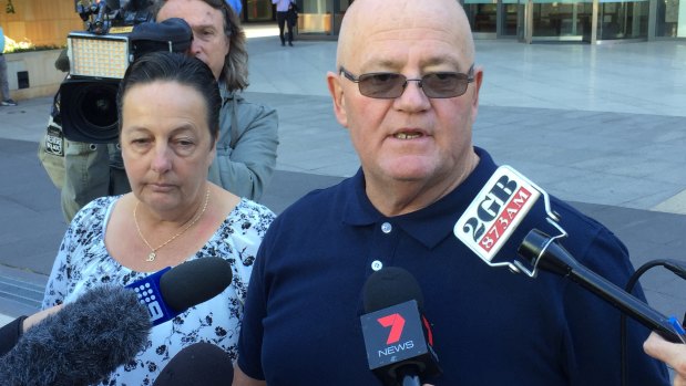 Wayne Greenhalgh, with wife Bronwen Greenhalgh, outside court. 