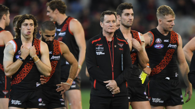 Bombers coach John Worsfold with his team after the loss to Collingwood on Anzac Day.
