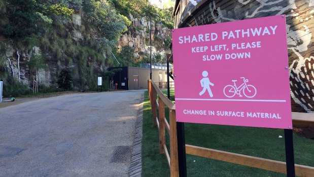 Large signs dotted throughout the Howard Smith Wharves precinct urge visitors to slow down and keep left.
