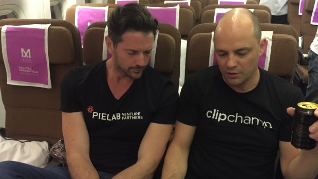 Brisbane video builder company Clipchamp chief executive Alex Dreiling (right) with PieLab venture company's Shaun Bassett.