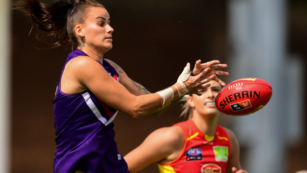 Gemma Houghton of the Dockers rises for a mark in her side's semi-final win over Gold Coast.