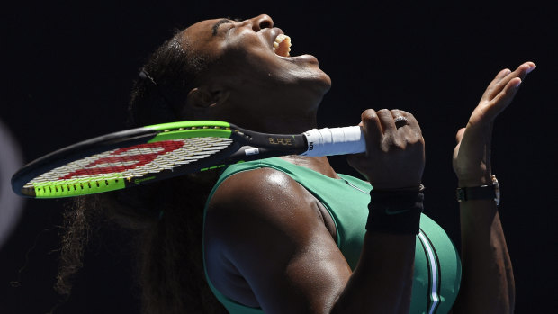 Serena Williams reacts after losing a point to Karolina Pliskova.