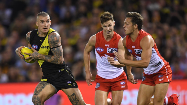 Catch me if you can: Dustin Martin burst away from his Sydney opponents.