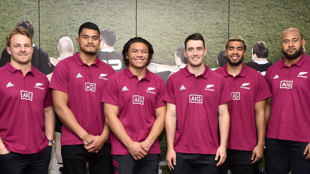 (L-R) Sam Cane, Tupou Vaa'i, Caleb Clarke, Will Jordan, Hoskins Sotutu and Patrick Tuipulotu during the All Blacks team naming at New Zealand Rugby Headquarters on September 06, 2020 in Wellington, New Zealand.