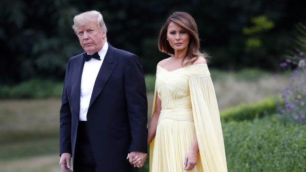 US President Donald Trump and first lady Melania Trump leave Winfield House, residence of the US ambassador, to go to nearby Blenheim Palace.