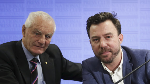 Matt Noffs, right, alongside former AFP commissioner Mick Palmer at their address at the National Press Club earlier this week.