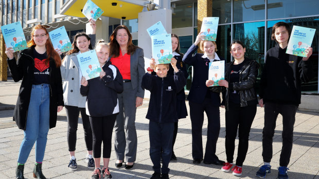 ACT Education Minister Yvette Berry with students at the release of the new strategy on Thursday morning.