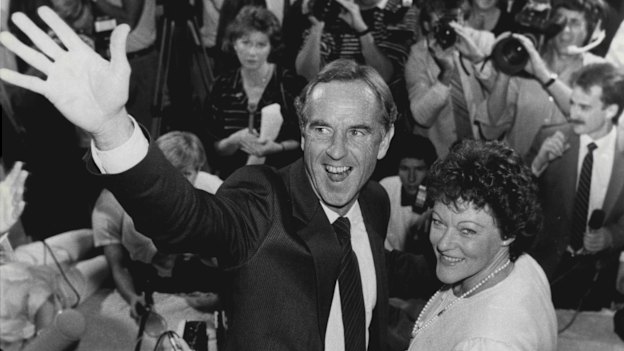 John Cain and his wife Nancye celebrate Labor's victory in 1985.