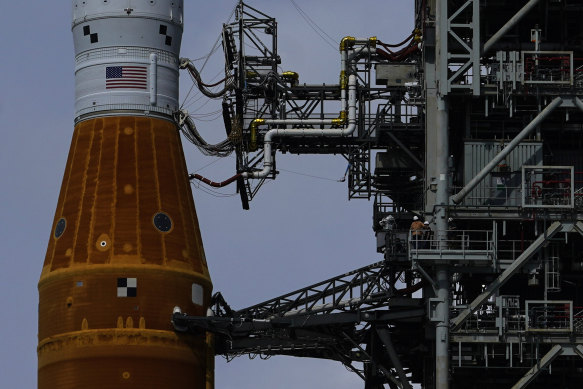 The NASA moon rocket stands on Pad 39B before the Artemis 1 mission to orbit the moon at the Kennedy Space Centre, in Cape Canaveral, Florida. 