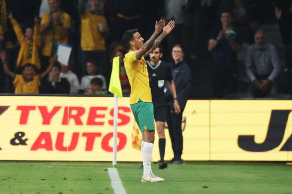 Keanu Baccus celebrates his goal for Australia.