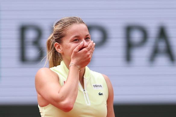 Maja Chwalinska reacts after winning her quarter-final.