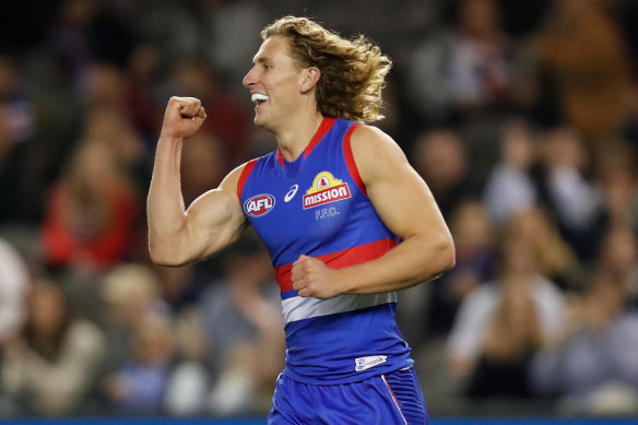 Aaron Naughton celebrates one of his goals.