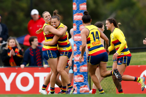 Adelaide’s Ebony Marinoff celebrates a goal with teammate Danielle Ponter at Casey Fields.