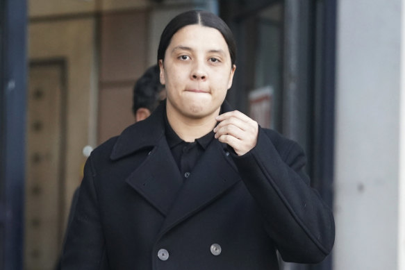 Sam Kerr outside court during her trial.