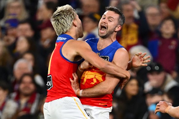 Conor McKenna of the Lions celebrates a goal.