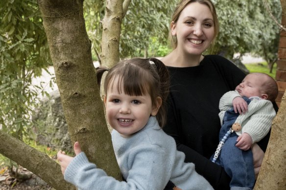 Bridie McKenna Parry with three-year-old Lucinda and newborn Blake.