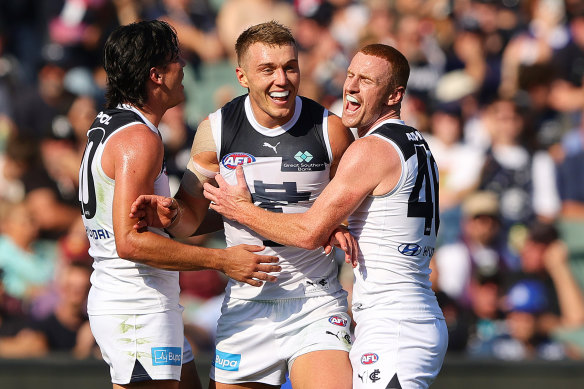 Patrick Cripps celebrates a goal.