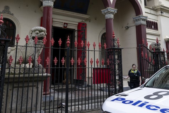 Police at South Melbourne’s See Yup Temple after Saturday night’s fire.