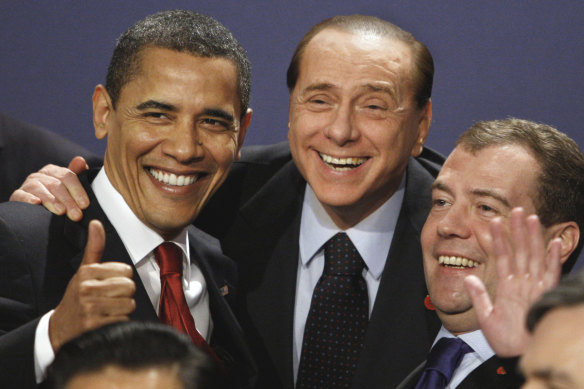 Barack Obama, then the US president, Silvio Berlusconi (centre), and Dmitry Medvedev, then Russian president, pictured in 2009.