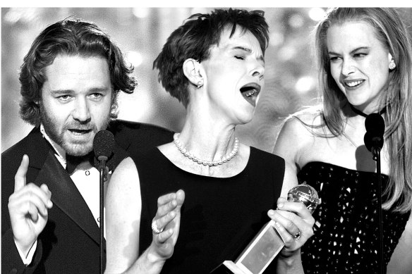 Not supplicants needing validation: Russell Crowe, Judy Davis, Nicole Kidman, winners at the 2002 Golden Globe Awards