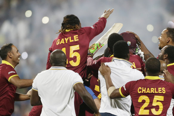 The West Indies celebrate their World T20 triumph in 2016.