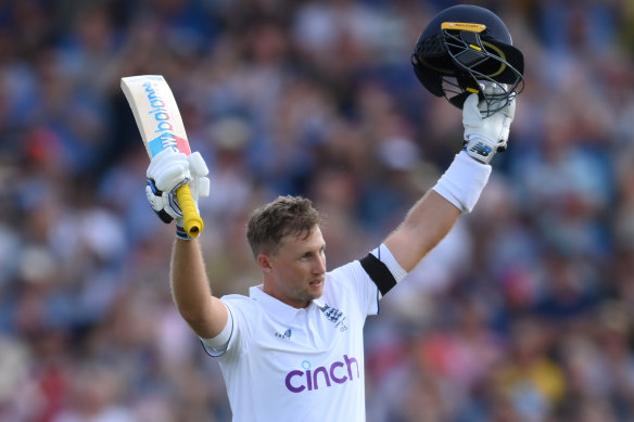 Joe Root celebrates a day one century.