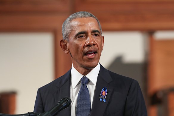 Former president Barack Obama delivers the eulogy at the funeral for the late Representative John Lewis.