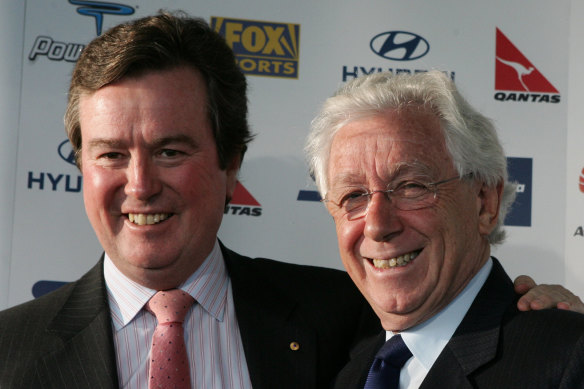 John O’Neill in 2005, during his time as chief executive of the Football Federation of Australia, pictured with then-FFA chairman Frank Lowy.