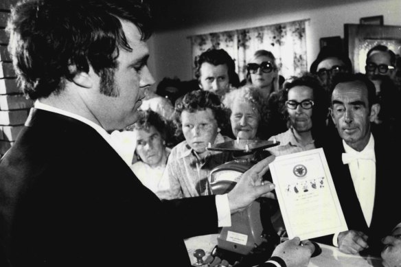 "Prince" Leonard, right, pictured with tourists at the Hutt River Province. November 21, 1973.