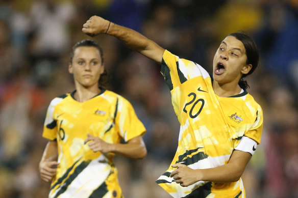 Sam Kerr capped off Australia's win with a late penalty in Newcastle.