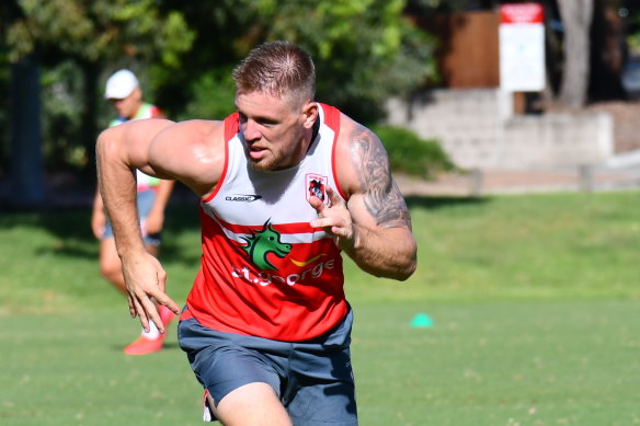 Matt Dufty works up a sweat at Dragons training on Monday.