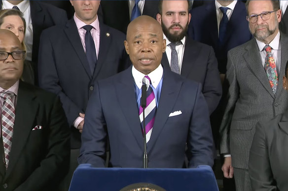 New York City mayor Eric Adams discusses the threat during a news conference.