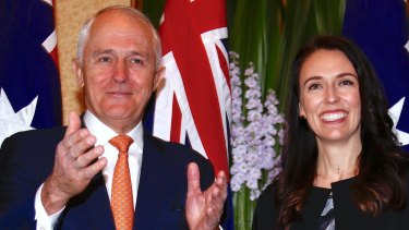  Malcolm Turnbull greets Jacinda Ardern before their meeting in Sydney.